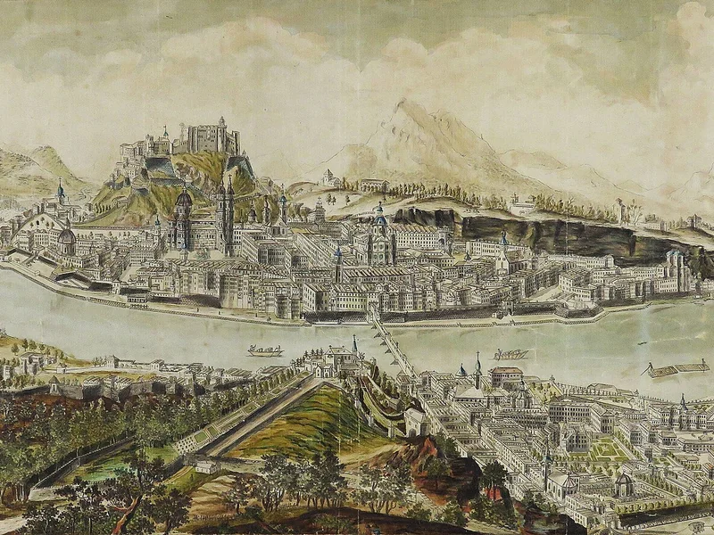 1749-August Franz Heinrich Naumann - Veduta della capitale Salisburgo con la fortezza